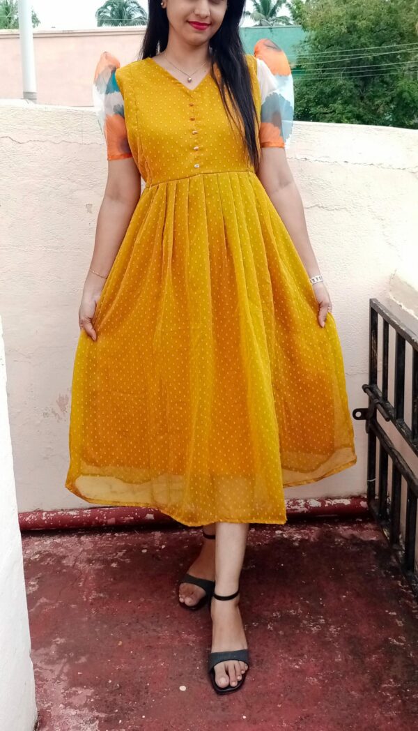 Georgette Butta Feeding Dress With Organza Puff Sleeve | Black | Mustard | S | M | L | XL | XXL