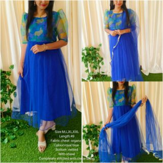 Blue Maternity & Feeding Anarkali Top with Organza Chest, Netted Dupatta - Length 49 - Invisible Zip, Tummy Fit - Premium Lining - Elastic Waist - S-XXL