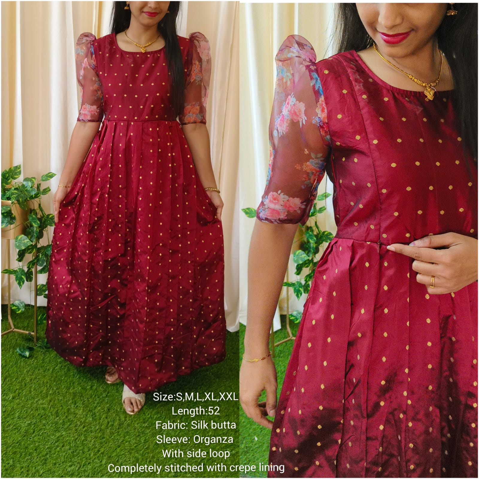 Maroon Butta Silk Maternity/Feeding Festive Wear with Invisible Zip, Tummy Fit, and Organza Puff Sleeves